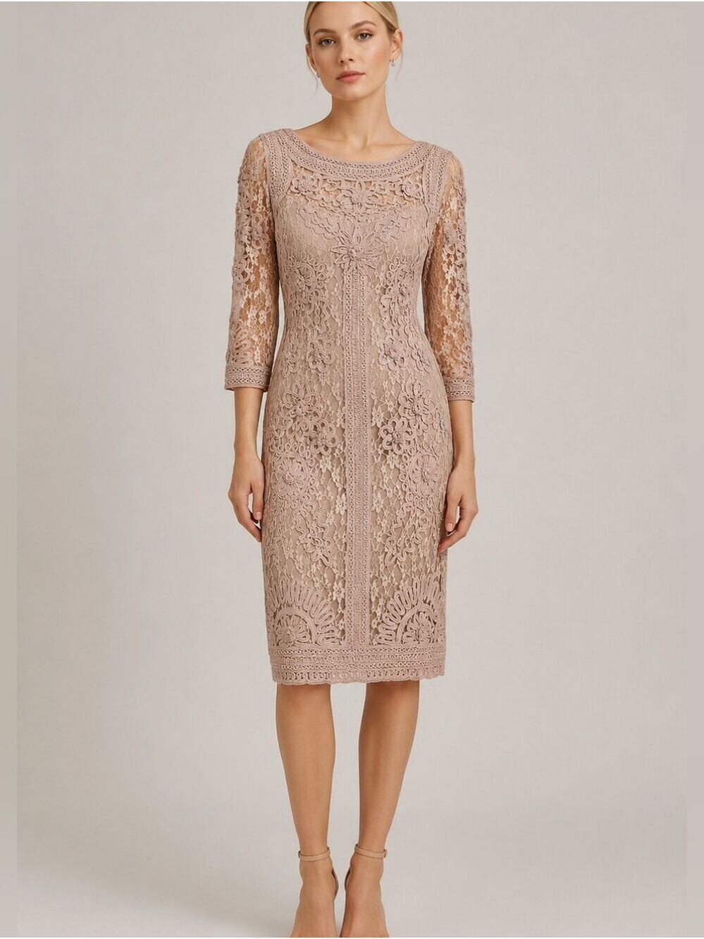 Sue Wong Embroidered Lace Sheath Nude Cocktail Dress, Size 12